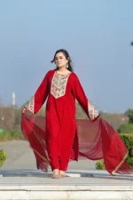 Velvet 3-Piece Embroidered Suit with Organza Dupatta - Image 4