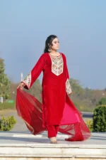 Velvet 3-Piece Embroidered Suit with Organza Dupatta - Image 2