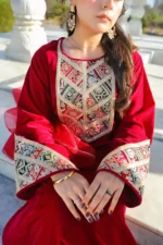 Velvet 3-Piece Embroidered Suit with Organza Dupatta - Image 5