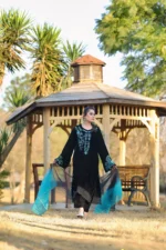 Black Velvet 3-Piece Embroidered Suit with Organza Dupatta - Image 6