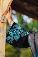 Black Velvet 3-Piece Embroidered Suit with Organza Dupatta - Image 4